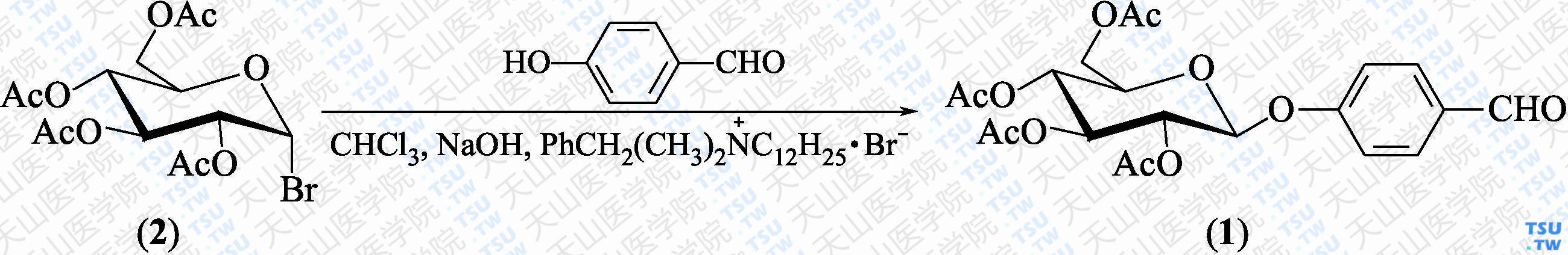 4-甲酰苯基2'，3'，4'，6'-四-<i>O</i>-乙酰基-<i>β</i>-D-吡喃葡萄糖苷（分子式：C<sub>21</sub>H<sub>24</sub>O<sub>11</sub>）的合成方法路线及其结构式