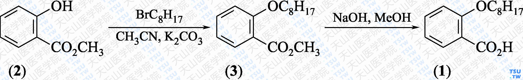 邻辛氧基苯甲酸（分子式：C<sub>15</sub>H<sub>22</sub>O<sub>3</sub>）的合成方法路线及其结构式