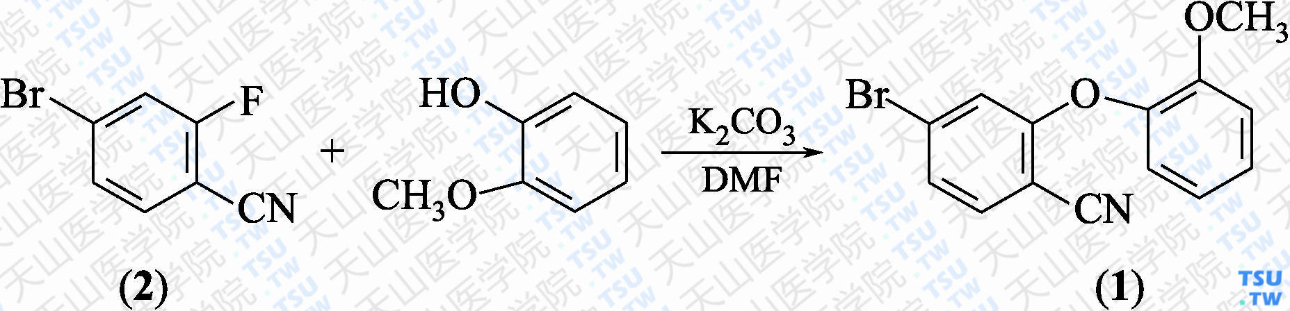 4-溴-2-（2-甲氧苯氧基）苯甲腈（分子式：C<sub>14</sub>H<sub>10</sub>BrNO<sub>2</sub>）的合成方法路线及其结构式