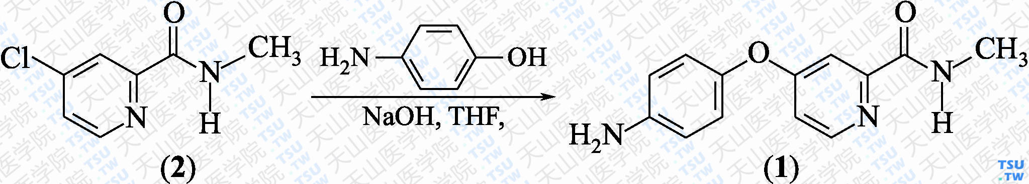 4-（4-氨基苯氧基）-<i>N</i>-甲基-2-吡啶甲酰胺（分子式：C<sub>13</sub>H<sub>13</sub>N<sub>3</sub>O<sub>2</sub>）的合成方法路线及其结构式