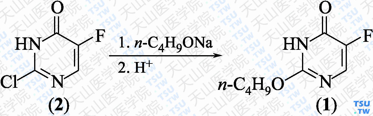 2-正丁氧基-5-氟嘧啶-4-酮（分子式：C<sub>8</sub>H<sub>11</sub>FN<sub>2</sub>O<sub>2</sub>）的合成方法路线及其结构式