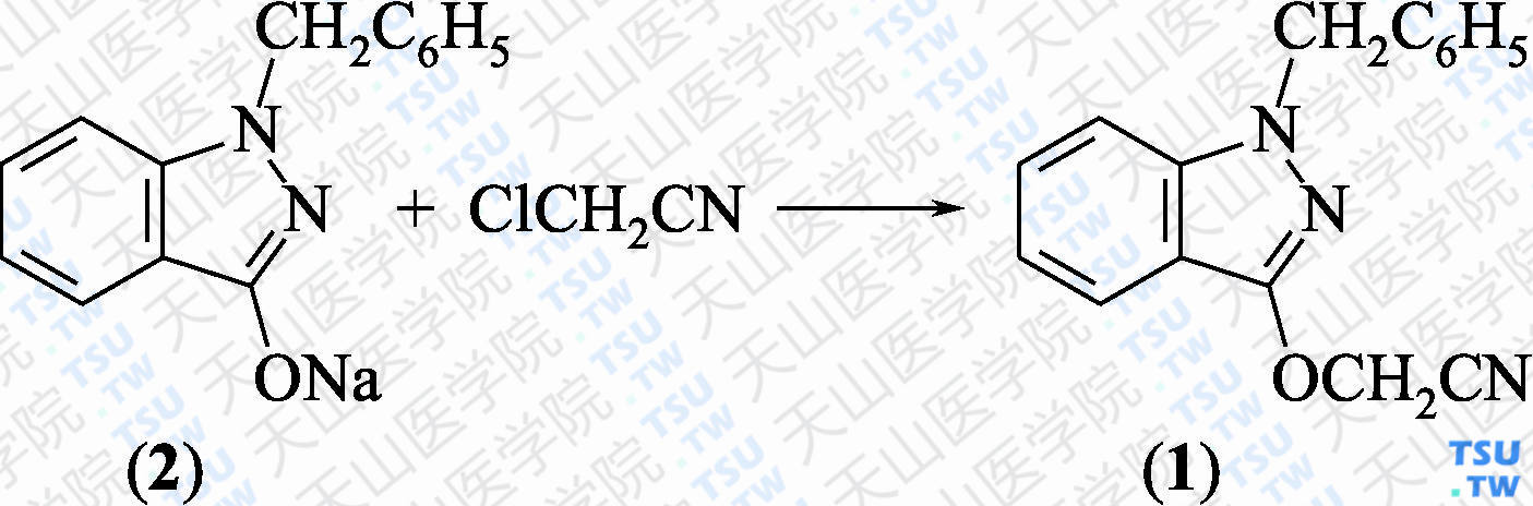 2-（1-苄基-吲唑-3-氧基）乙腈（分子式：C<sub>16</sub>H<sub>13</sub>N<sub>3</sub>O）的合成方法路线及其结构式