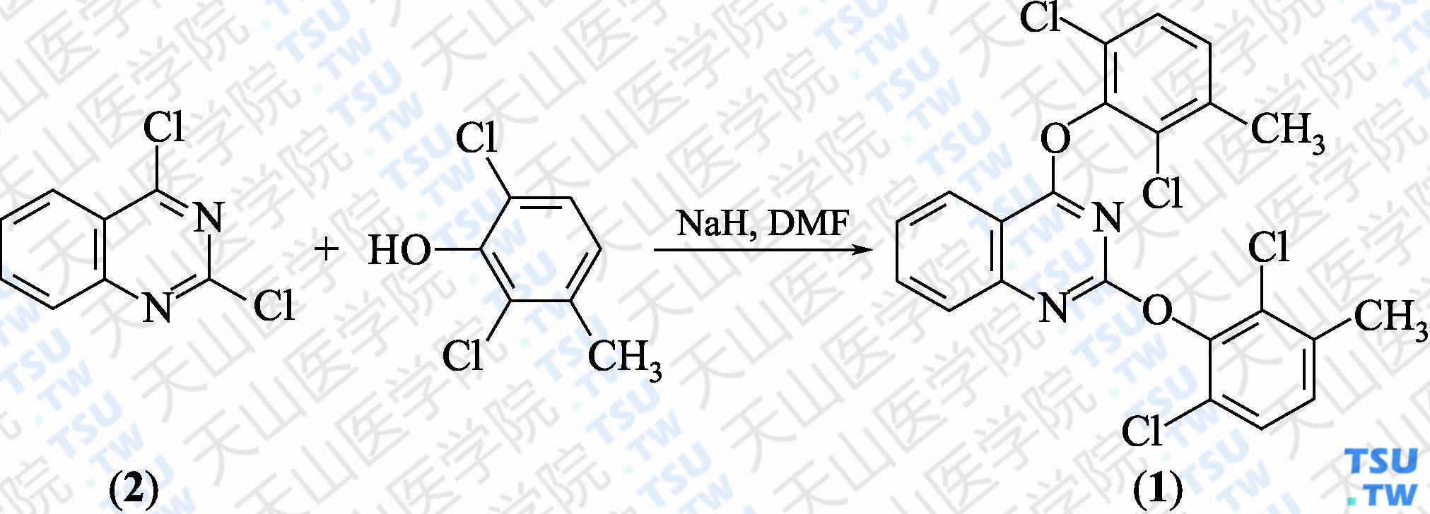 2，4-双（2，6-二氯-3-甲基苯氧基）喹唑啉（分子式：C<sub>22</sub>H<sub>14</sub>Cl<sub>4</sub>N<sub>2</sub>O<sub>2</sub>）的合成方法路线及其结构式