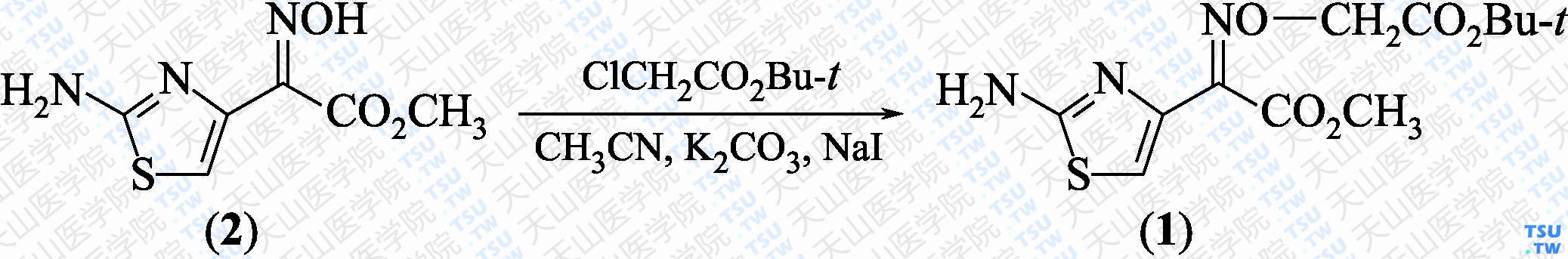2-（2-氨基-4-噻唑基）-2-（<i>Z</i>）-叔丁氧羰基甲氧亚氨基乙酸甲酯（分子式：C<sub>12</sub>H<sub>17</sub>N<sub>3</sub>O<sub>5</sub>S）的合成方法路线及其结构式