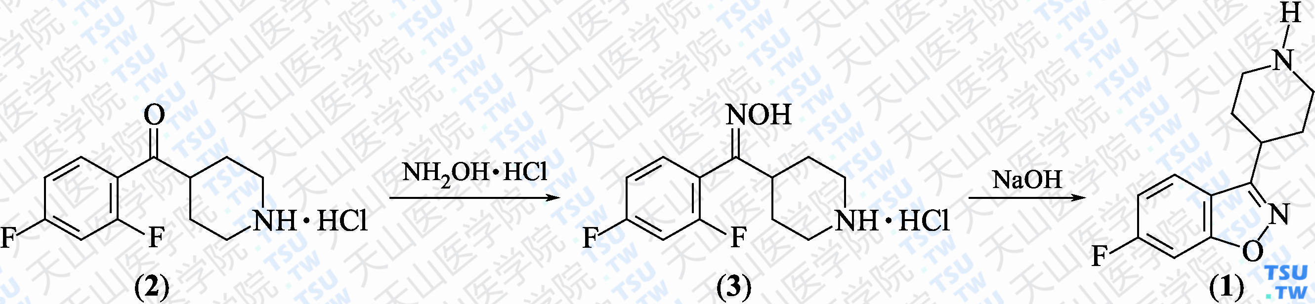 6-氟-3-（4-哌啶基）-1，2-苯并异噁唑（分子式：C<sub>12</sub>H<sub>13</sub>FN<sub>2</sub>O）的合成方法路线及其结构式