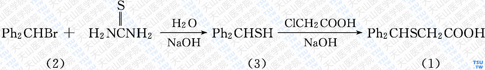 二苯甲硫基乙酸（分子式：C<sub>15</sub>H<sub>14</sub>O<sub>2</sub>S）的合成方法路线及其结构式