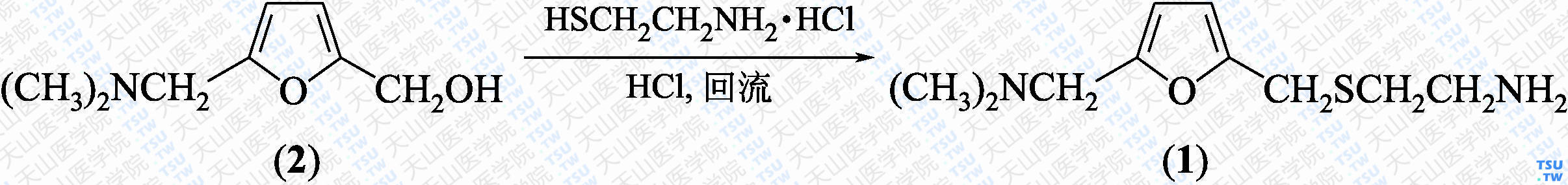2-[[5-[（二甲氨基）甲基]-2-呋喃基]甲硫基]乙胺（分子式：C<sub>10</sub>H<sub>18</sub>N<sub>2</sub>OS）的合成方法路线及其结构式