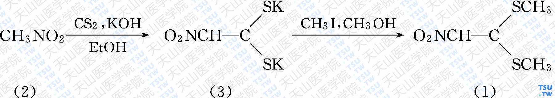 1，1-二甲硫基-2-硝基乙烯（分子式：C<sub>4</sub>H<sub>7</sub>NO<sub>2</sub>S<sub>2</sub>）的合成方法路线及其结构式