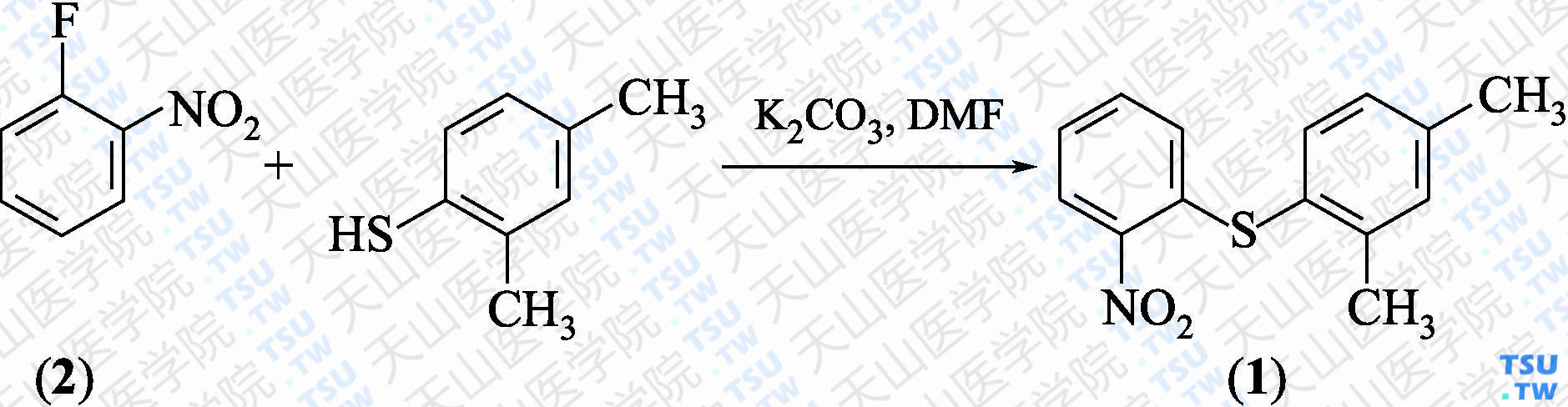 2-（2，4-二甲基苯硫基）硝基苯（分子式：C<sub>14</sub>H<sub>13</sub>NO<sub>2</sub>S）的合成方法路线及其结构式