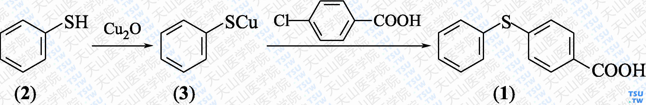 4-苯硫基苯甲酸（分子式：C<sub>13</sub>H<sub>10</sub>O<sub>2</sub>S）的合成方法路线及其结构式