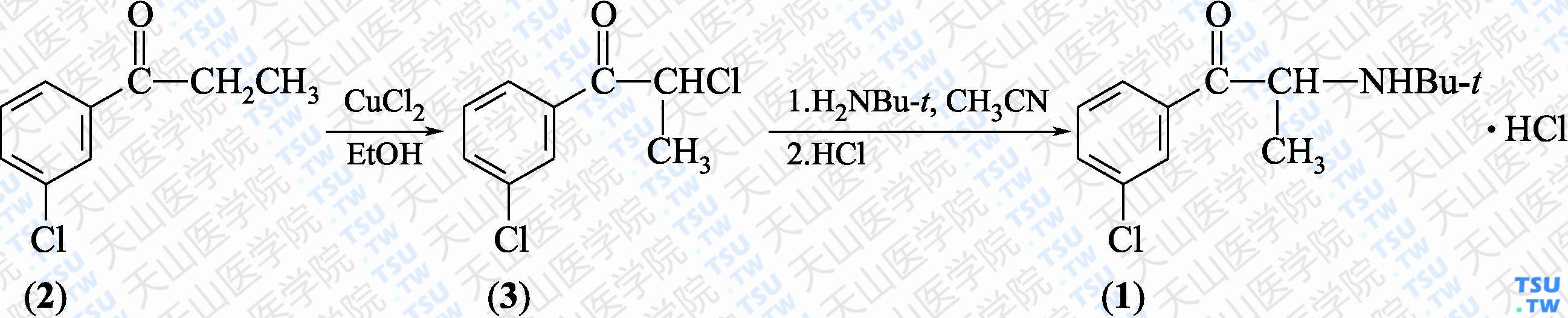 盐酸安非他酮（分子式：C<sub>13</sub>H<sub>18</sub>ClNO·HCl）的合成方法路线及其结构式