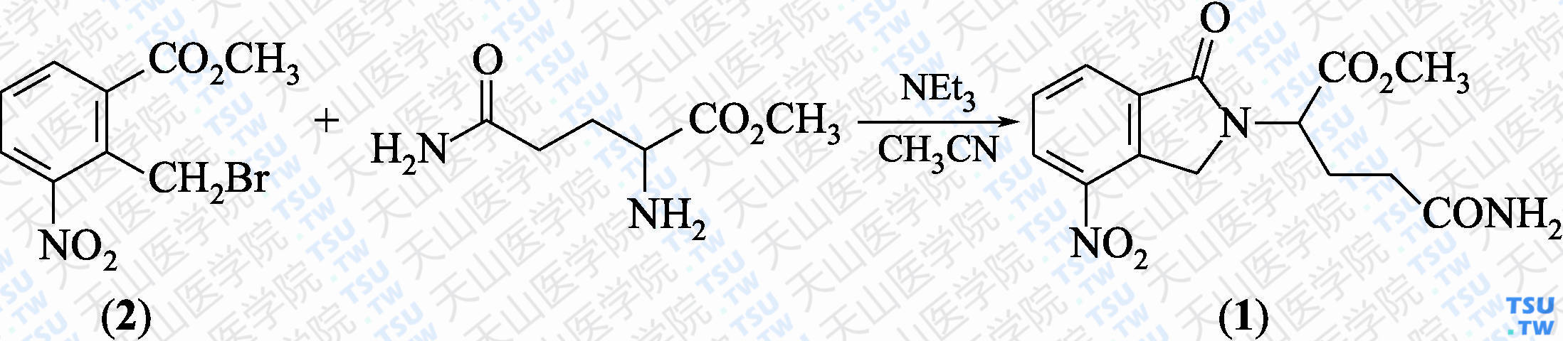 <i>N</i>-（4-硝基-1-氧代-1，3-二氢-2<i>H</i>-异吲哚-2-基）-L-谷氨酰胺甲酯（分子式：C<sub>14</sub>H<sub>15</sub>N<sub>3</sub>O<sub>6</sub>）的合成方法路线及其结构式