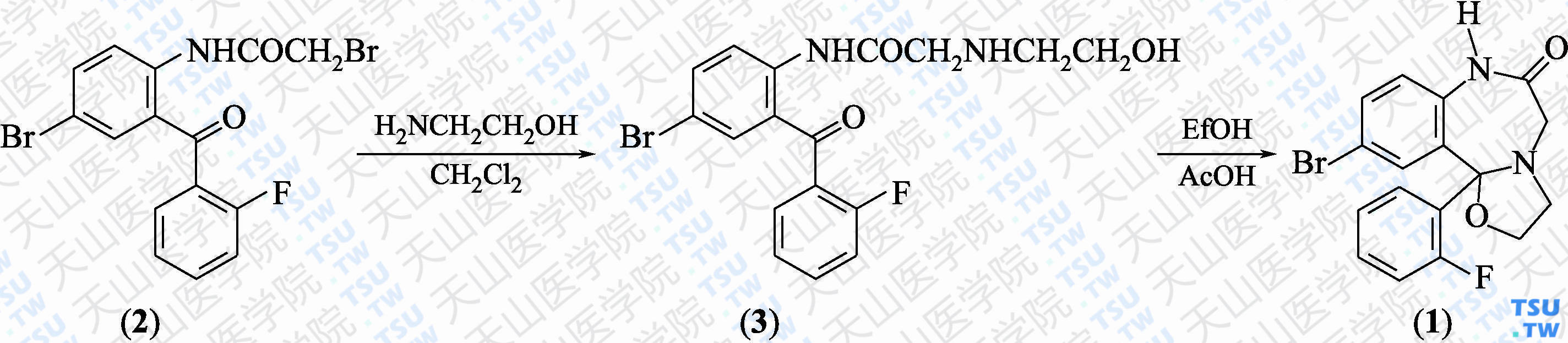 卤沙唑仑（分子式：C<sub>17</sub>H<sub>14</sub>BrFN<sub>2</sub>O<sub>2</sub>）的合成方法路线及其结构式