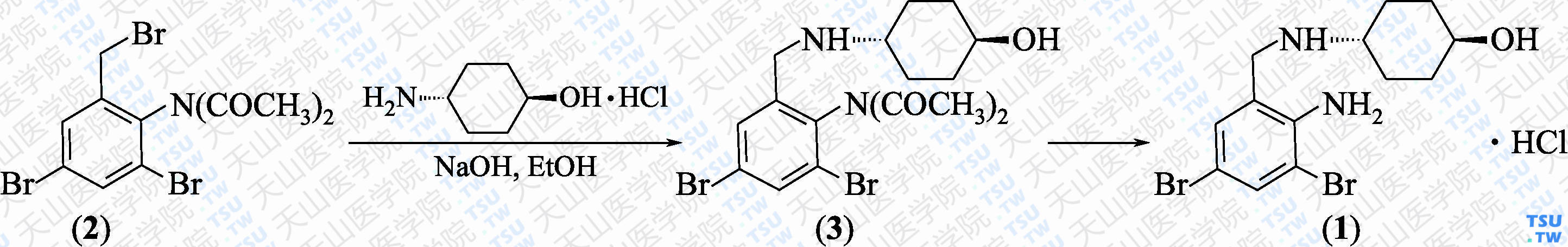 盐酸氨溴索（分子式：C<sub>13</sub>H<sub>18</sub>Br<sub>2</sub>N<sub>2</sub>O·HCl）的合成方法路线及其结构式