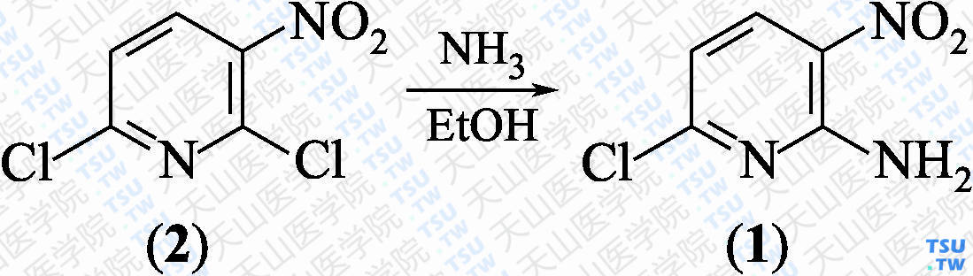2-氨基-6-氯-3-硝基吡啶（分子式：C<sub>5</sub>H<sub>4</sub>ClN<sub>3</sub>O<sub>2</sub>）的合成方法路线及其结构式