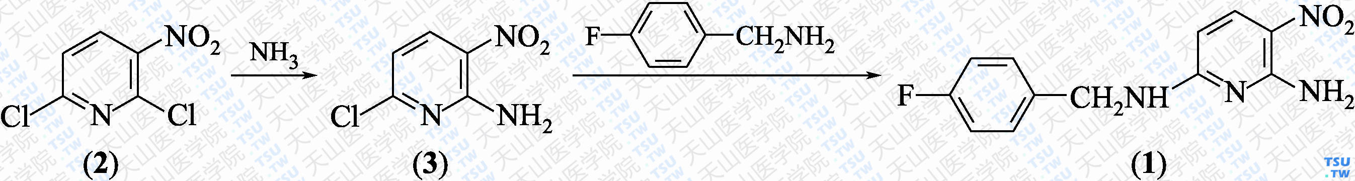 2-氨基-6-（4-氟苯甲氨基）-3-硝基吡啶（分子式：C<sub>12</sub>H<sub>11</sub>FN<sub>4</sub>O<sub>2</sub>）的合成方法路线及其结构式