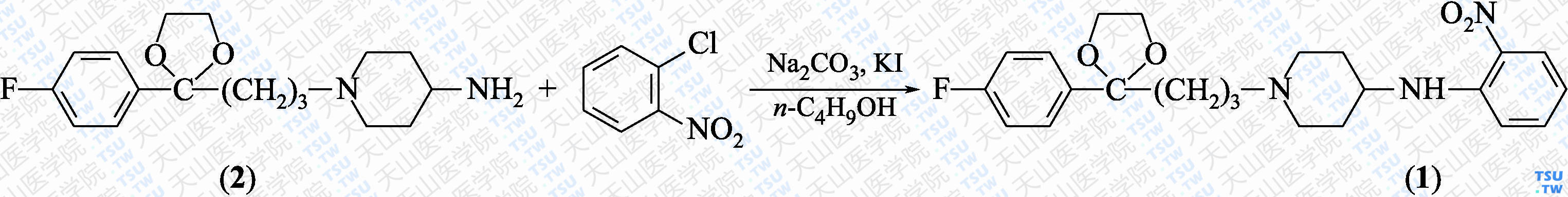 2-（4-氟苯基）-2-[4-（2-硝基苯胺）哌啶-1-基丙基]-1，3-二氧杂环戊烷（分子式：C<sub>23</sub>H<sub>28</sub>FN<sub>3</sub>O<sub>4</sub>）的合成方法路线及其结构式