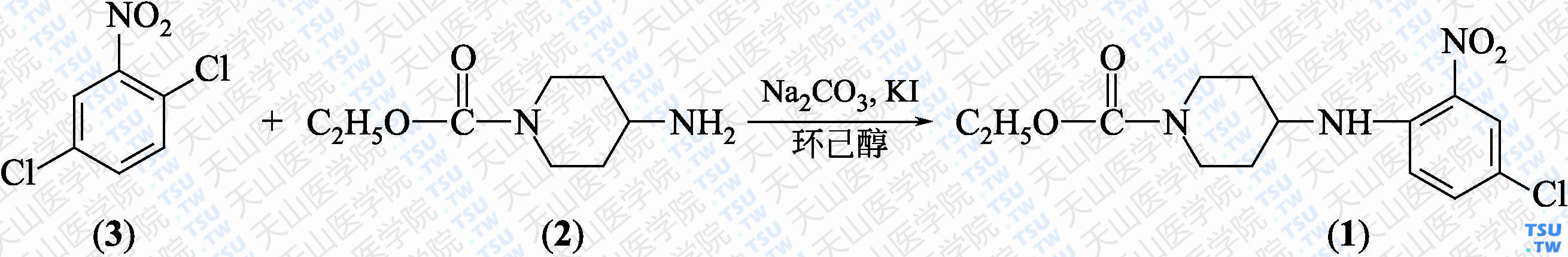 4-（4-氯-2-硝基苯氨基）-1-哌啶甲酸乙酯（分子式：C<sub>14</sub>H<sub>18</sub>ClN<sub>3</sub>O<sub>4</sub>）的合成方法路线及其结构式