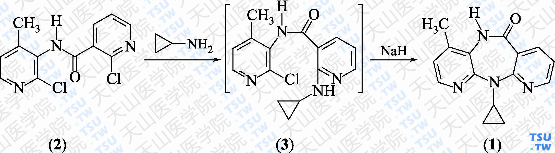 奈韦拉平（分子式：C<sub>15</sub>H<sub>14</sub>N<sub>4</sub>O）的合成方法路线及其结构式