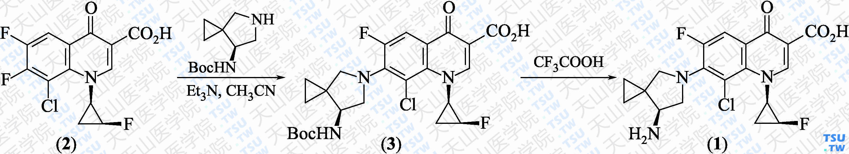 西他沙星（分子式：C<sub>19</sub>H<sub>18</sub>ClF<sub>2</sub>N<sub>3</sub>O<sub>3</sub>）的合成方法路线及其结构式