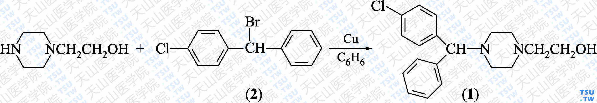 2-[4-[（4-氯苯基）苯甲基]-1-哌嗪基]乙醇（分子式：C<sub>19</sub>H<sub>23</sub>ClN<sub>2</sub>O）的合成方法路线及其结构式