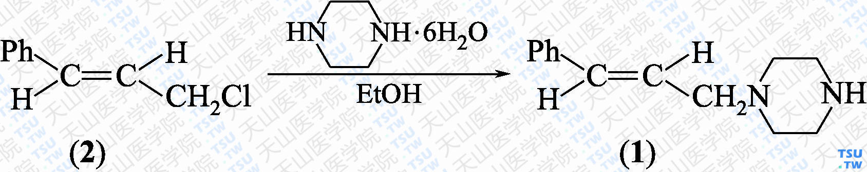 1-肉桂基哌嗪（分子式：C<sub>13</sub>H<sub>18</sub>N<sub>2</sub>）的合成方法路线及其结构式