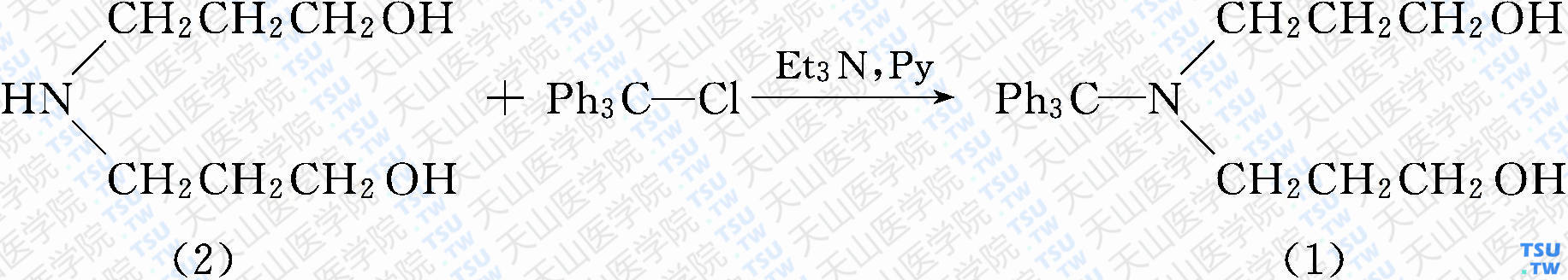 <i>N</i>-三苯甲基-3，3'-亚氨基-双-1-丙醇（分子式：C<sub>25</sub>H<sub>29</sub>NO<sub>2</sub>）的合成方法路线及其结构式