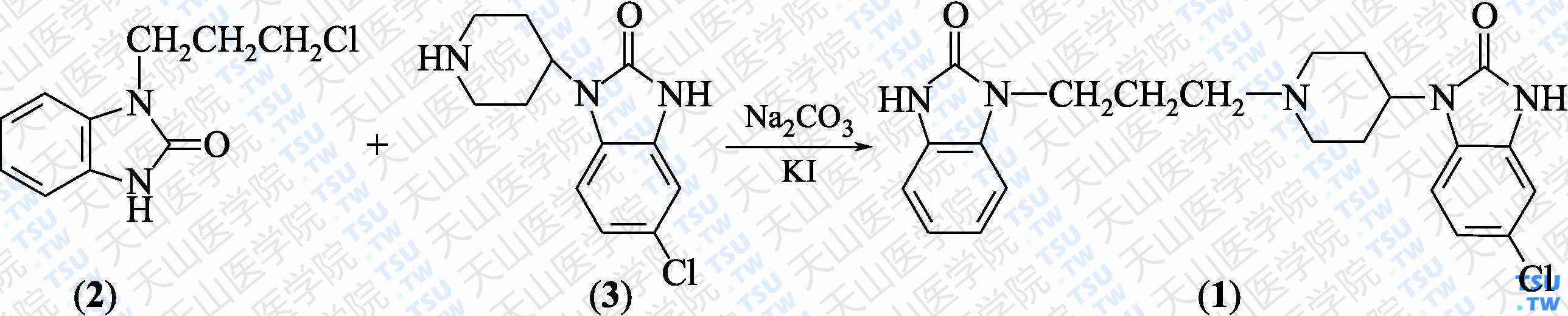 多潘立酮（分子式：C<sub>22</sub>H<sub>24</sub>ClN<sub>5</sub>O<sub>2</sub>）的合成方法路线及其结构式