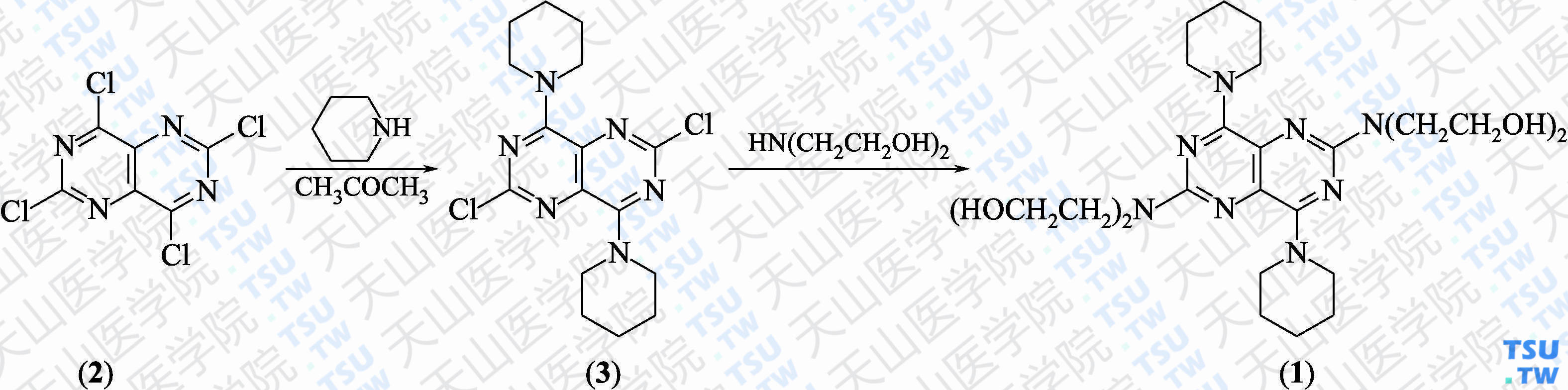 2，6-双（二乙醇胺基）-4，8-二哌啶基嘧啶并[5，4-<i>d</i>]嘧啶（分子式：C<sub>24</sub>H<sub>40</sub>N<sub>8</sub>O<sub>4</sub>）的合成方法路线及其结构式