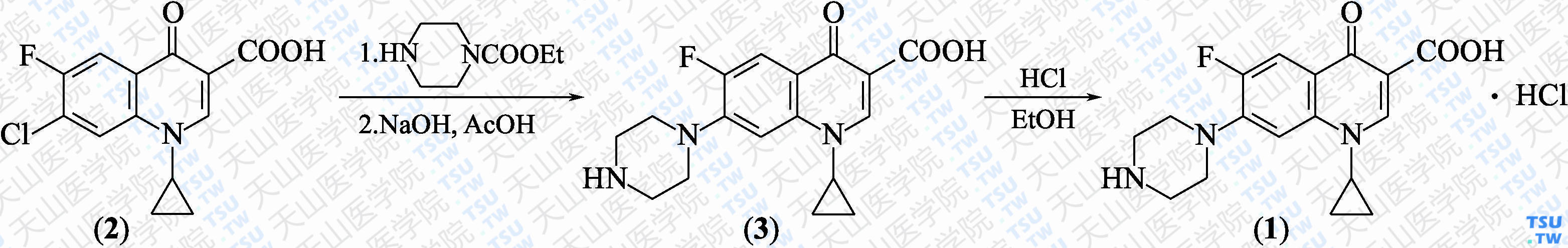 盐酸环丙沙星（分子式：C<sub>17</sub>H<sub>18</sub>FN<sub>3</sub>O<sub>3</sub>·HCl）的合成方法路线及其结构式