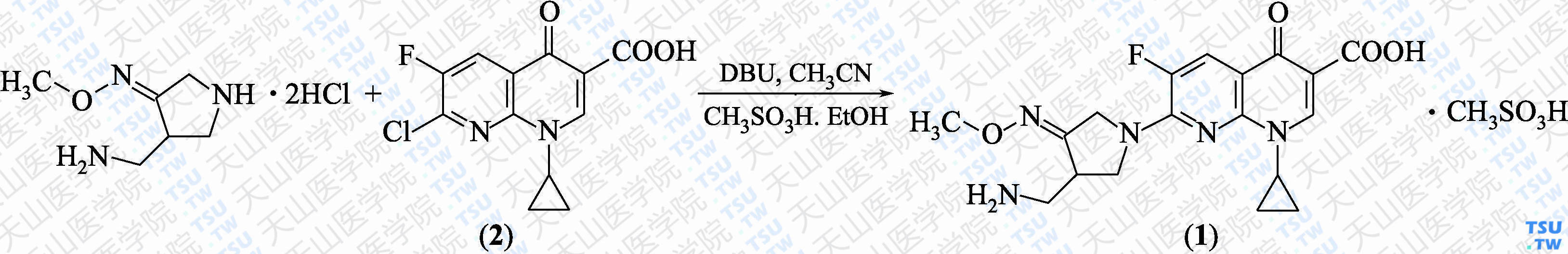 甲磺酸吉米沙星（分子式：C<sub>18</sub>H<sub>20</sub>FN<sub>5</sub>O<sub>4</sub>CH<sub>3</sub>SO<sub>3</sub>H）的合成方法路线及其结构式