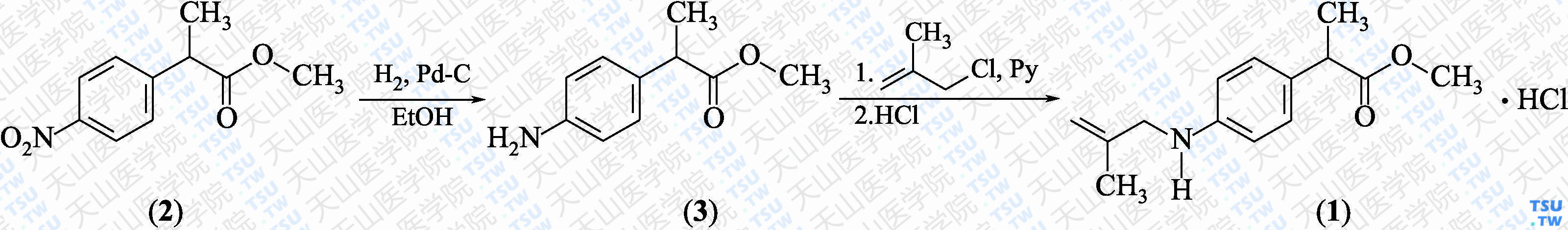 2-[4-（2-甲基烯丙基）氨基苯基]丙酸甲酯盐酸盐（分子式：C<sub>14</sub>H<sub>19</sub>NO<sub>2</sub>·HCl）的合成方法路线及其结构式