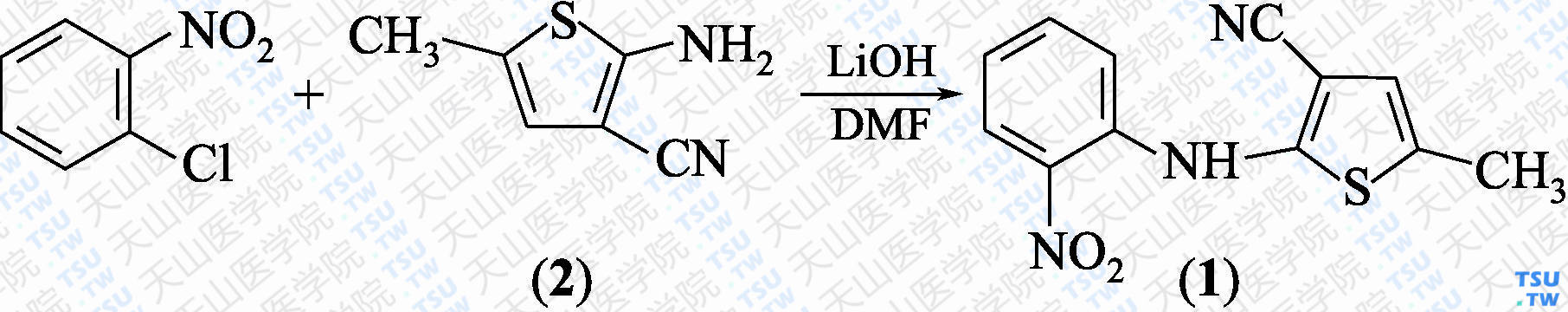 5-甲基-2-（2-硝基苯氨基）-噻吩-3-甲腈（分子式：C<sub>12</sub>H<sub>9</sub>N<sub>3</sub>O<sub>2</sub>S）的合成方法路线及其结构式
