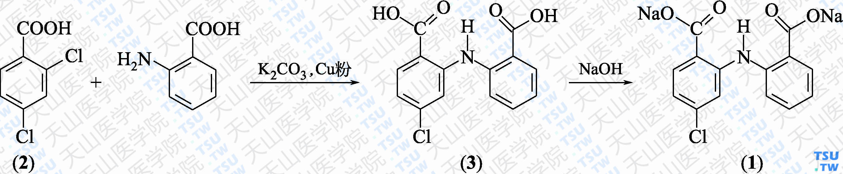 氯苯扎利二钠（分子式：C<sub>14</sub>H<sub>8</sub>NO<sub>4</sub>ClNa<sub>2</sub>）的合成方法路线及其结构式
