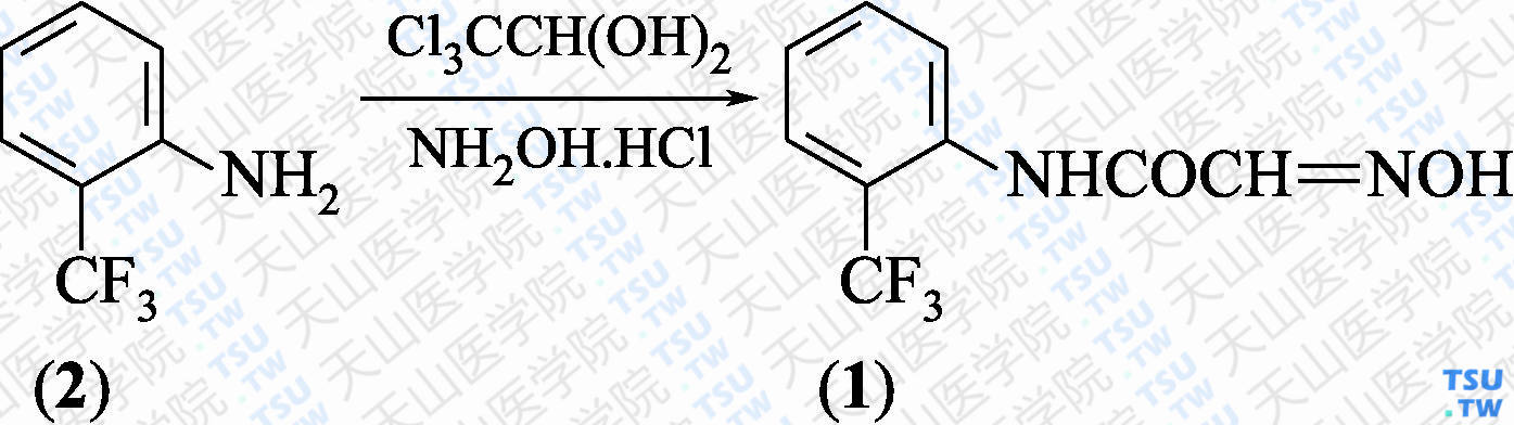 2-（羟基亚氨基）-<i>N</i>-[2-（三氟甲基）苯基]乙酰胺（分子式：C<sub>9</sub>H<sub>7</sub>F<sub>3</sub>N<sub>2</sub>O<sub>2</sub>）的合成方法路线及其结构式