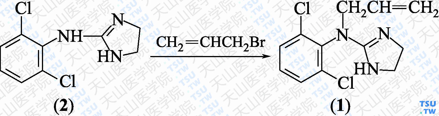 烯丙尼定（分子式：C<sub>12</sub>H<sub>13</sub>Cl<sub>2</sub>N<sub>3</sub>）的合成方法路线及其结构式
