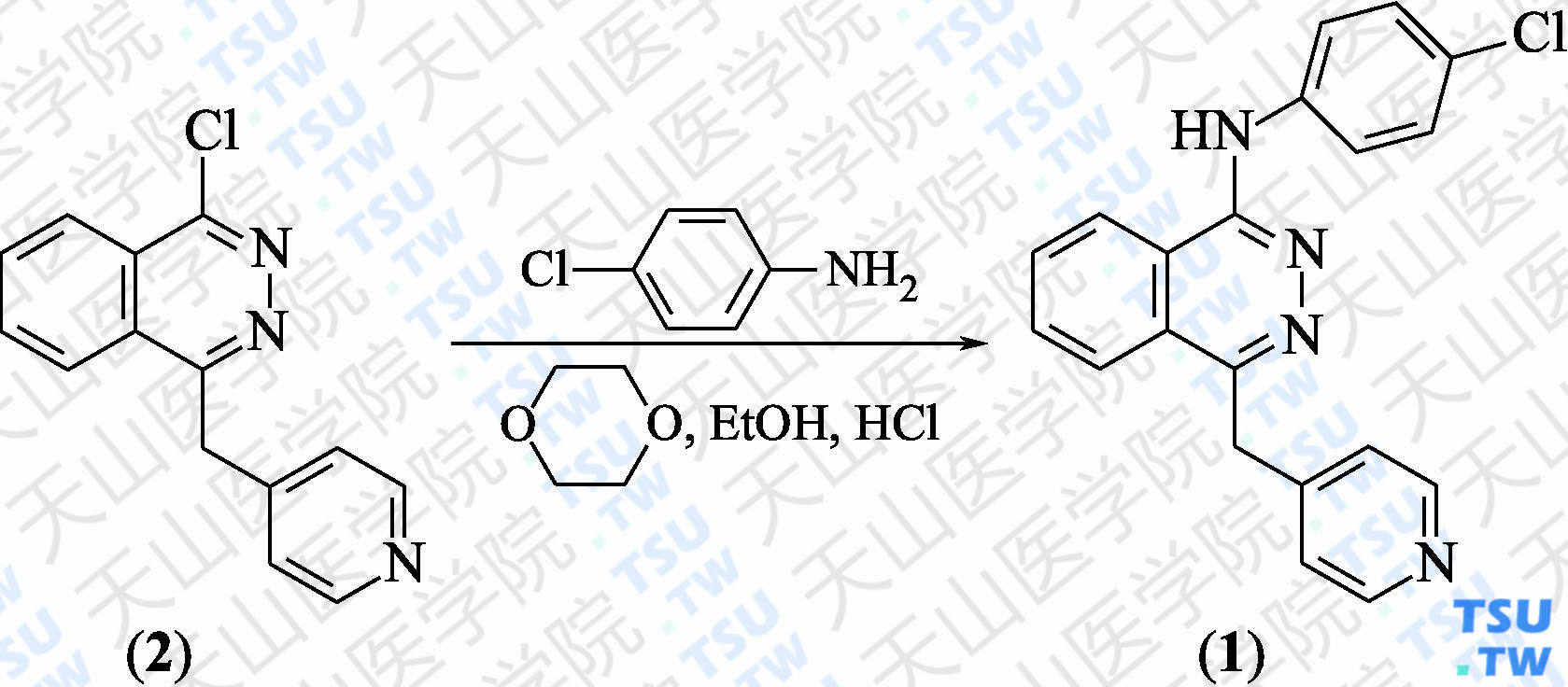 <i>N</i>-（4-氯苯基）-4-（4-吡啶甲基）酞嗪-1-胺（分子式：C<sub>20</sub>H<sub>15</sub>ClN<sub>4</sub>）的合成方法路线及其结构式