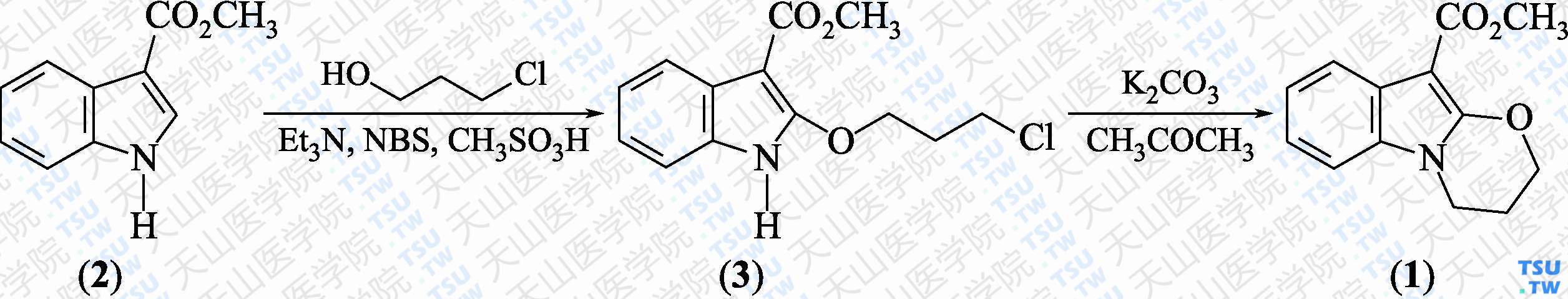 3，4-二氢-2<i>H</i>-[1，3]噁嗪并[3，2-<i>α</i>]吲哚-10-羧酸甲酯 （分子式：C<sub>13</sub>H<sub>13</sub>NO<sub>3</sub>）的合成方法路线及其结构式