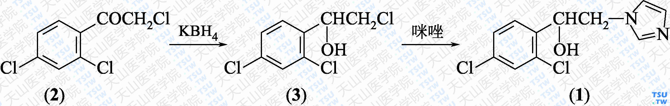 1-（2，4-二氯苯基）-2-（1<i>H</i>-咪唑-1-基）乙醇（分子式：C<sub>11</sub>H<sub>10</sub>Cl<sub>2</sub>N<sub>2</sub>O）的合成方法路线及其结构式