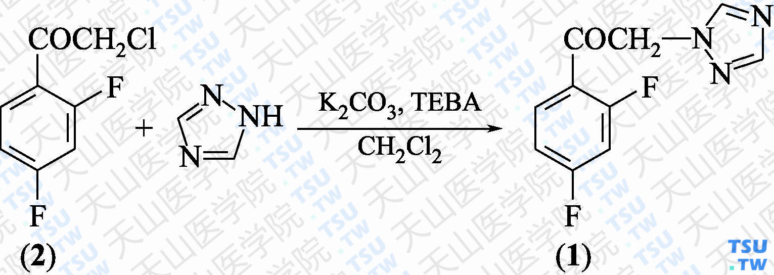 2'，4'-二氟-<i>α</i>-（1<i>H</i>-1，2，4-三唑-1-基）苯乙酮（分子式：C<sub>10</sub>H<sub>7</sub>F<sub>2</sub>N<sub>3</sub>O）的合成方法路线及其结构式