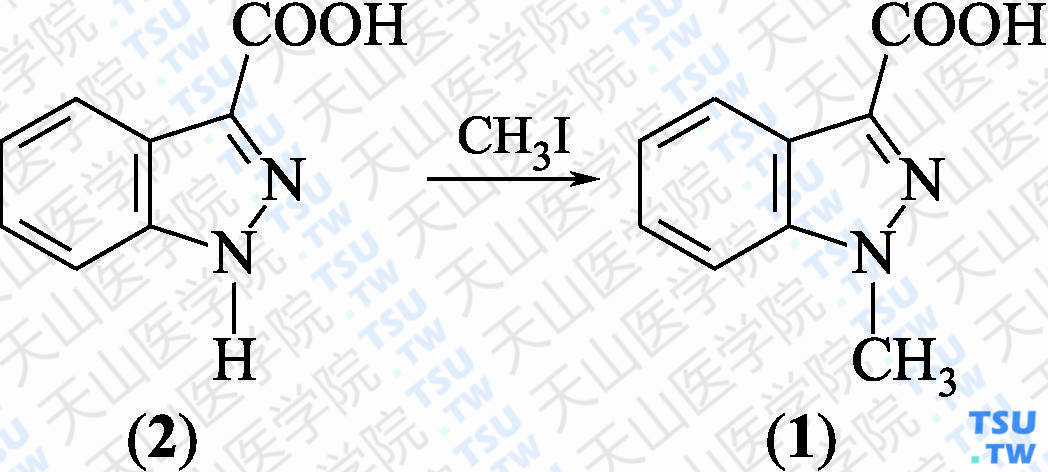 1-甲基吲唑-3-羧酸（分子式：C<sub>9</sub>H<sub>8</sub>N<sub>2</sub>O<sub>2</sub>）的合成方法路线及其结构式