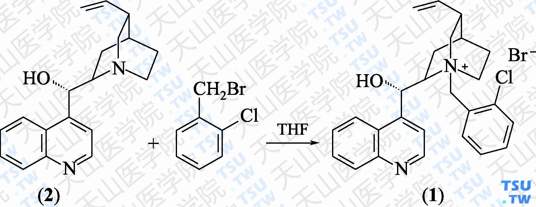 辛可宁邻氯苄基溴化铵（分子式：C<sub>26</sub>H<sub>28</sub>BrClN<sub>2</sub>O）的合成方法路线及其结构式