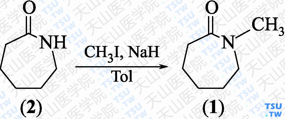 <i>N</i>-甲基己内酰胺（分子式：C<sub>7</sub>H<sub>13</sub>NO）的合成方法路线及其结构式