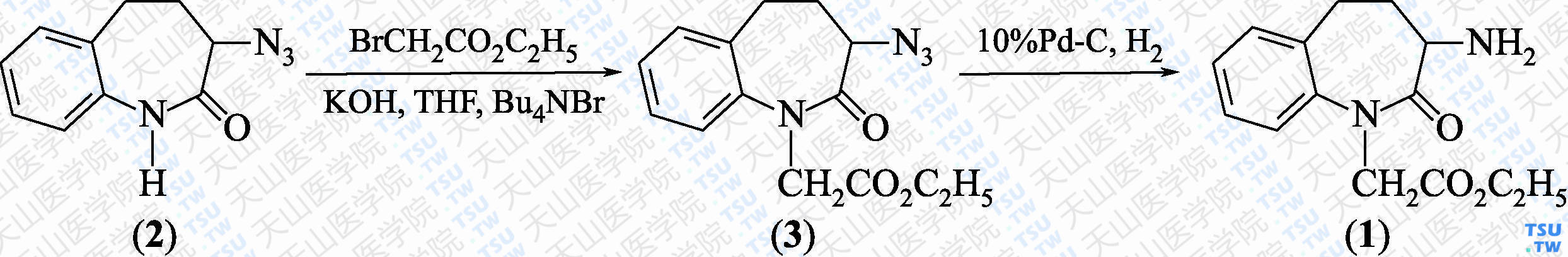 3-氨基-2，3，4，5-四氢-1<i>H</i>-[1]苯并氮杂䓬-2-酮-1-乙酸乙酯（分子式：C<sub>14</sub>H<sub>18</sub>N<sub>2</sub>O<sub>3</sub>）的合成方法路线及其结构式