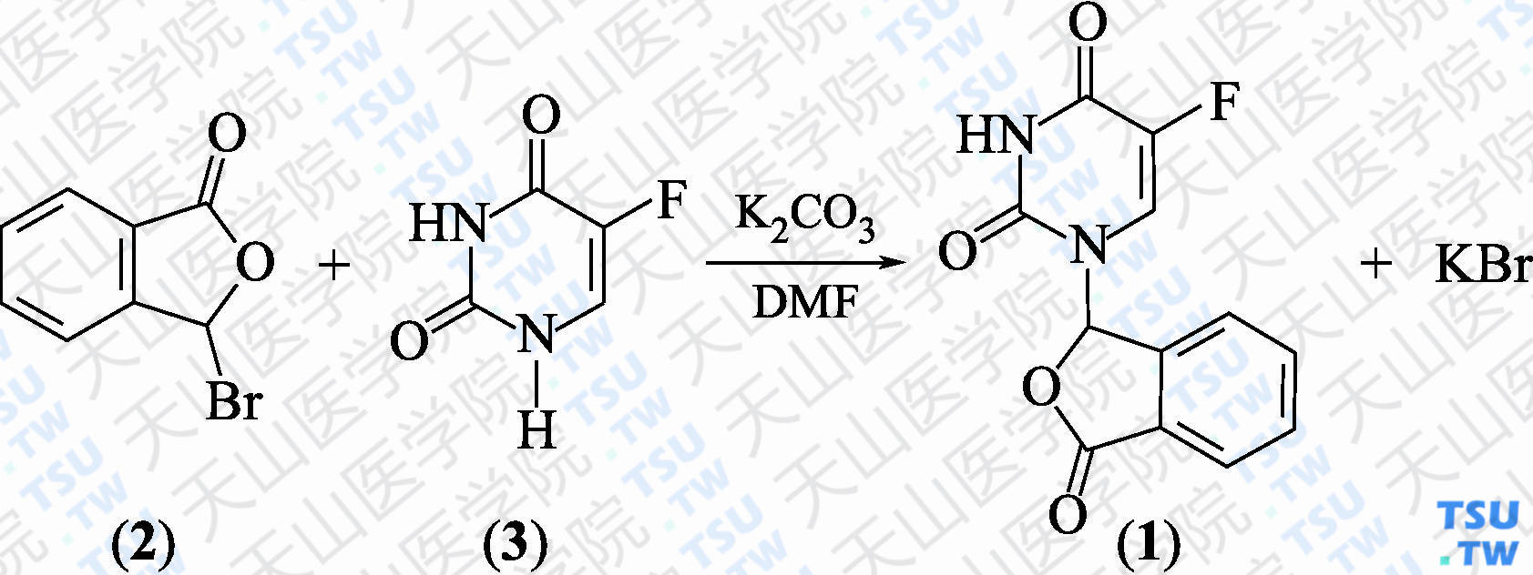 5-氟-1-（3-氧代-1，3-二氢异苯并呋喃-1-基）嘧啶-2，4-（1<i>H</i>，3<i>H</i>）-二酮（分子式：C<sub>12</sub>H<sub>7</sub>FN<sub>2</sub>O<sub>4</sub>）的合成方法路线及其结构式