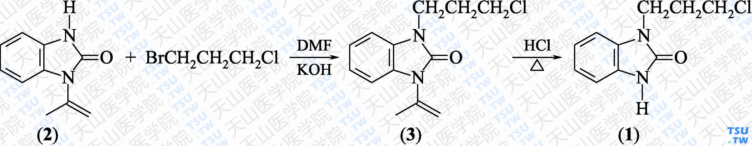 1-（3-氯丙基）-1<i>H</i>-苯并咪唑-2（3<i>H</i>）-酮（分子式：C<sub>10</sub>H<sub>11</sub>ClN<sub>2</sub>O）的合成方法路线及其结构式