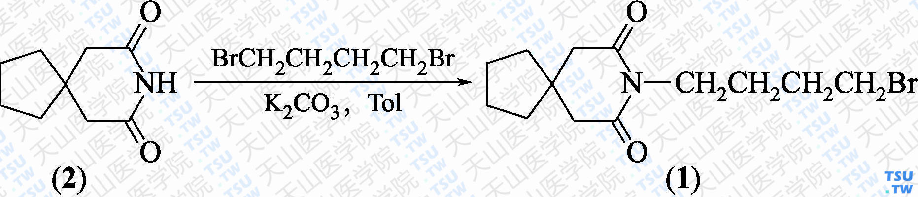 8-（4-溴丁基）-8-氮杂螺[4，5]癸烷-7，9-二酮（分子式：C<sub>13</sub>H<sub>20</sub>BrNO<sub>2</sub>）的合成方法路线及其结构式