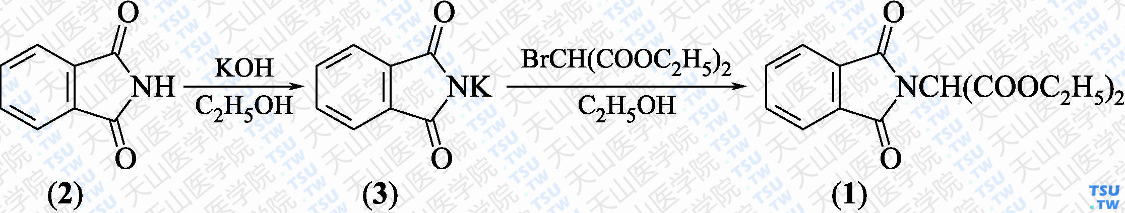 邻苯二甲酰亚氨基丙二酸二乙酯（分子式：C<sub>15</sub>H<sub>15</sub>NO<sub>6</sub>）的合成方法路线及其结构式