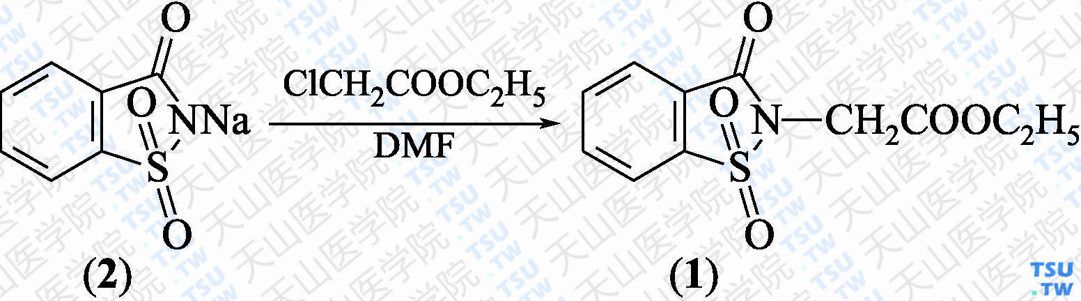 3-氧-1，2-苯并异噻唑-2-乙酸乙酯-1，1-二氧化物（分子式：C<sub>11</sub>H<sub>11</sub>NO<sub>5</sub>S）的合成方法路线及其结构式