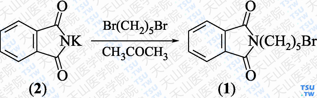 <i>N</i>-（5-溴戊基）邻苯二甲酰亚胺（分子式：C<sub>13</sub>H<sub>14</sub>Br NO<sub>2</sub>）的合成方法路线及其结构式